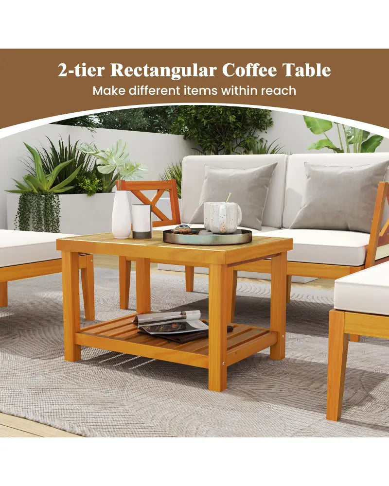 5 Pieces Acacia Wood Patio Chaise Lounge Chair Set with Ottoman and Cushions-White - White - Patio Conversation Sets