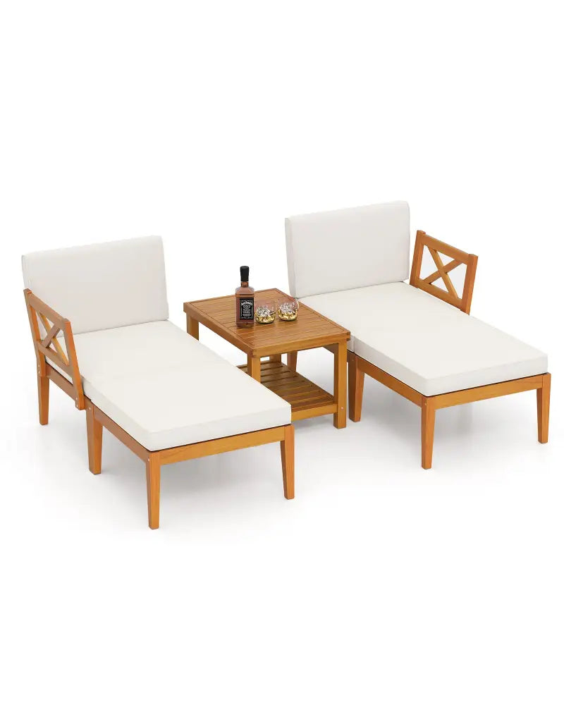 5 Pieces Acacia Wood Patio Chaise Lounge Chair Set with Ottoman and Cushions-White - White - Patio Conversation Sets