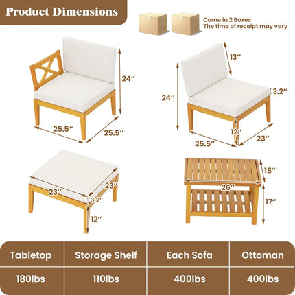5 Pieces Acacia Wood Patio Chaise Lounge Chair Set with Ottoman and Cushions-White - White - Patio Conversation Sets