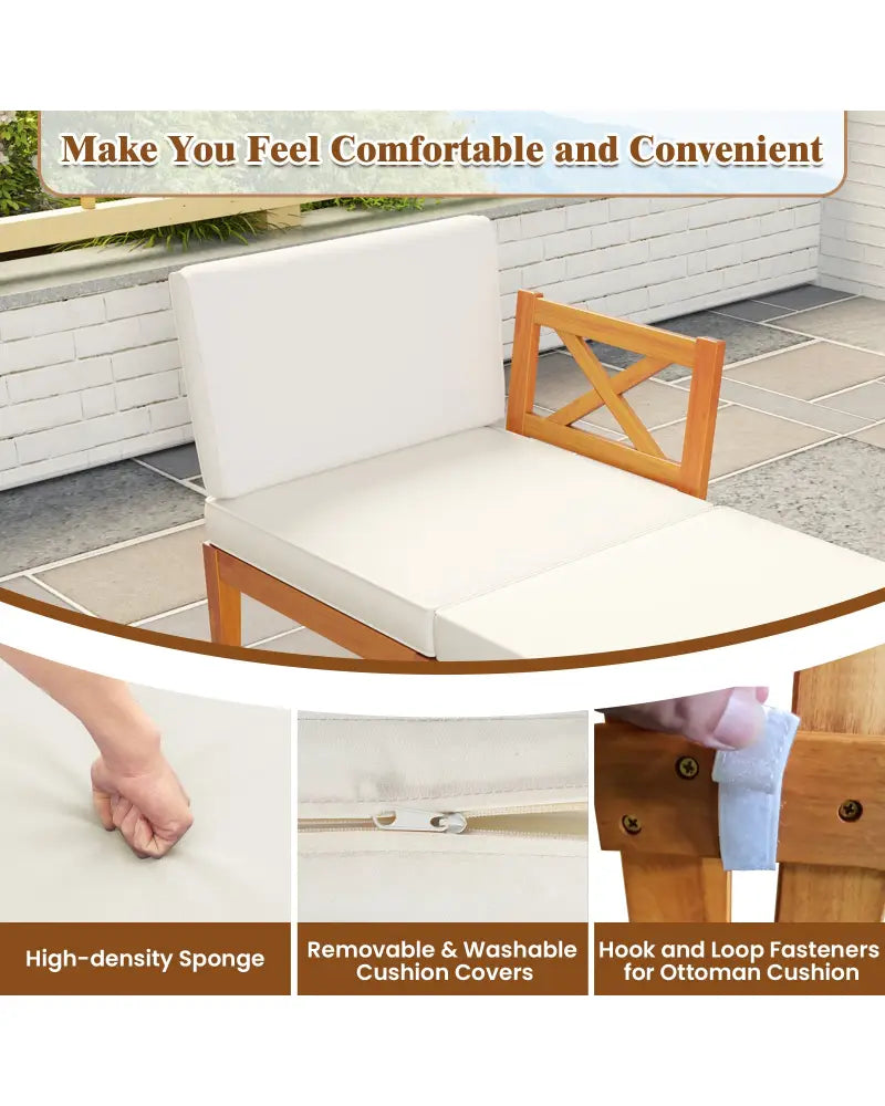 5 Pieces Acacia Wood Patio Chaise Lounge Chair Set with Ottoman and Cushions-White - White - Patio Conversation Sets