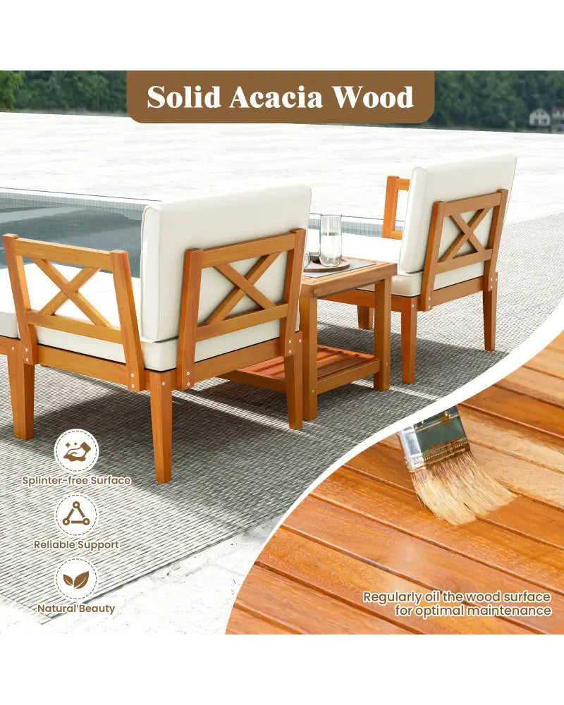 5 Pieces Acacia Wood Patio Chaise Lounge Chair Set with Ottoman and Cushions-White - White - Patio Conversation Sets