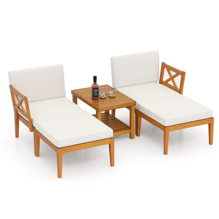 5 Pieces Acacia Wood Patio Chaise Lounge Chair Set with Ottoman and Cushions-White - White - Patio Conversation Sets