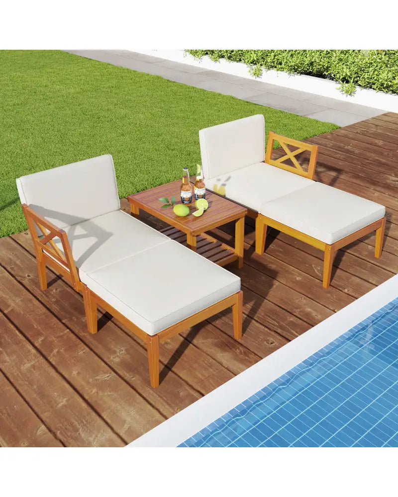 5 Pieces Acacia Wood Patio Chaise Lounge Chair Set with Ottoman and Cushions-White - White - Patio Conversation Sets