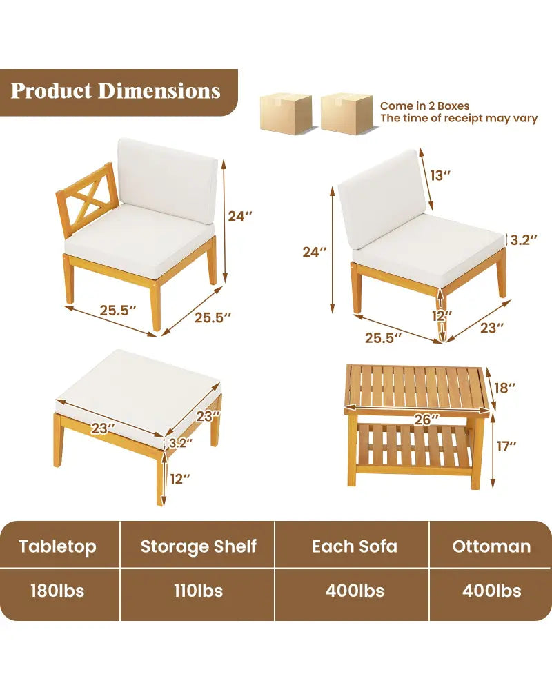 5 Pieces Acacia Wood Patio Chaise Lounge Chair Set with Ottoman and Cushions-White - White - Patio Conversation Sets