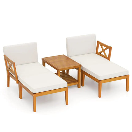 5 Pieces Acacia Wood Patio Chaise Lounge Chair Set with Ottoman and Cushions-White - White - Patio Conversation Sets