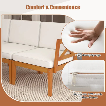 5 Pieces Acacia Wood Patio Furniture Set Outdoor Sectional Conversation Set with Cushions-Off White - Off White - Patio