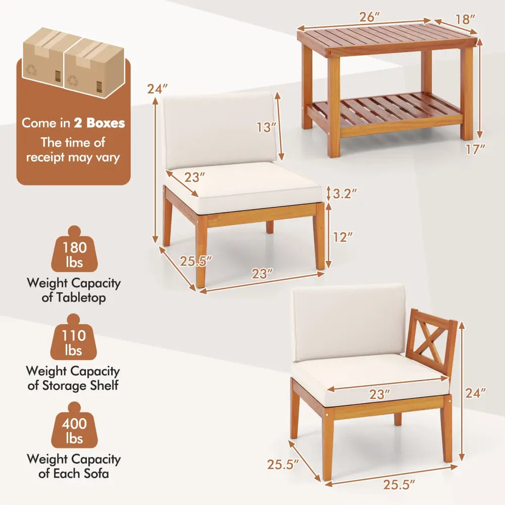 5 Pieces Acacia Wood Patio Furniture Set Outdoor Sectional Conversation Set with Cushions-Off White - Off White - Patio