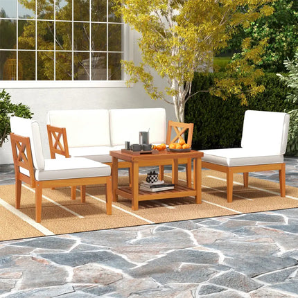 5 Pieces Acacia Wood Patio Furniture Set Outdoor Sectional Conversation Set with Cushions-Off White - Off White - Patio