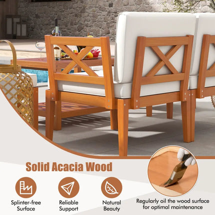 5 Pieces Acacia Wood Patio Furniture Set Outdoor Sectional Conversation Set with Cushions-Off White - Off White - Patio