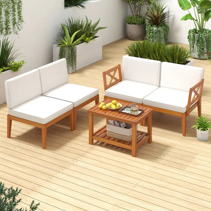 5 Pieces Acacia Wood Patio Furniture Set Outdoor Sectional Conversation Set with Cushions-Off White - Off White - Patio