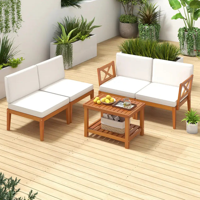 5 Pieces Acacia Wood Patio Furniture Set Outdoor Sectional Conversation Set with Cushions-Off White - Off White - Patio