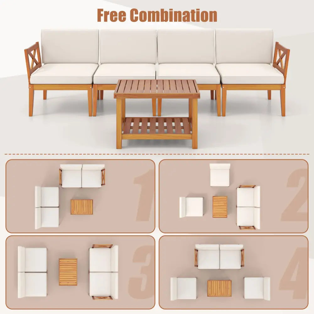 5 Pieces Acacia Wood Patio Furniture Set Outdoor Sectional Conversation Set with Cushions-Off White - Off White - Patio
