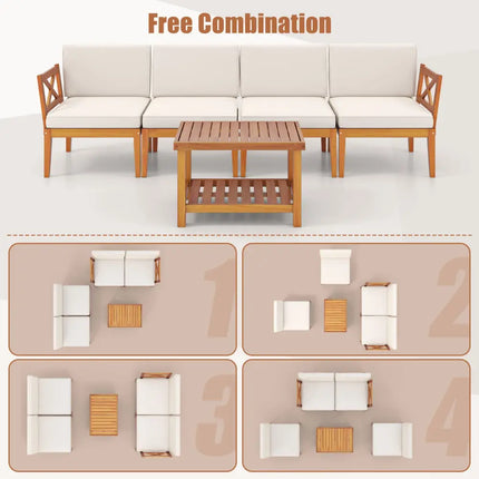 5 Pieces Acacia Wood Patio Furniture Set Outdoor Sectional Conversation Set with Cushions-Off White - Off White - Patio