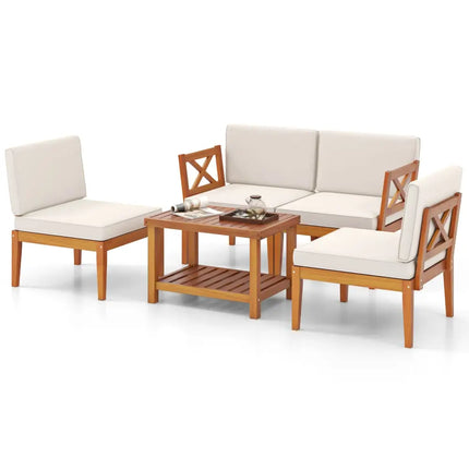 5 Pieces Acacia Wood Patio Furniture Set Outdoor Sectional Conversation Set with Cushions-Off White - Off White - Patio