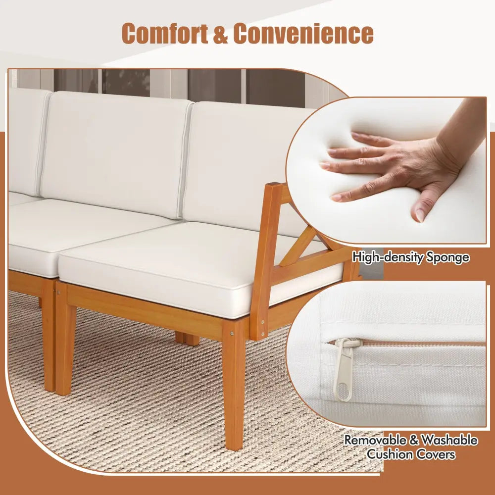 5 Pieces Acacia Wood Patio Furniture Set Outdoor Sectional Conversation Set with Cushions-Off White - Off White - Patio