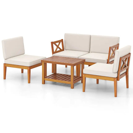 5 Pieces Acacia Wood Patio Furniture Set Outdoor Sectional Conversation Set with Cushions-Off White - Off White - Patio