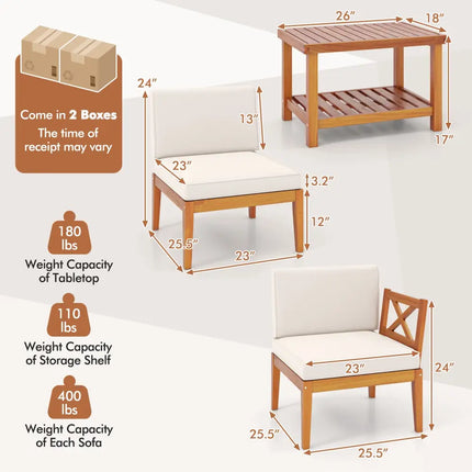 5 Pieces Acacia Wood Patio Furniture Set Outdoor Sectional Conversation Set with Cushions-Off White - Off White - Patio