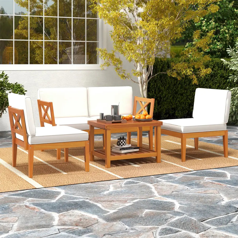 5 Pieces Acacia Wood Patio Furniture Set Outdoor Sectional Conversation Set with Cushions-Off White - Off White - Patio