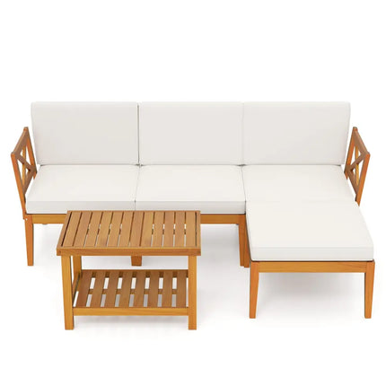 5 Pieces Acacia Wood Patio Furniture Set with 2-Tier Coffee Table and Cushions-White - White - Patio Conversation Sets