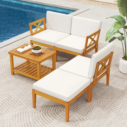 5 Pieces Acacia Wood Patio Furniture Set with 2-Tier Coffee Table and Cushions-White - White - Patio Conversation Sets