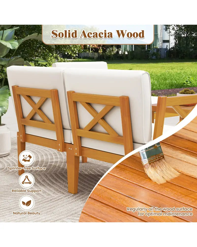 5 Pieces Acacia Wood Patio Furniture Set with 2-Tier Coffee Table and Cushions-White - White - Patio Conversation Sets