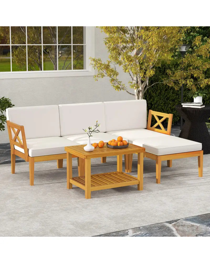 5 Pieces Acacia Wood Patio Furniture Set with 2-Tier Coffee Table and Cushions-White - White - Patio Conversation Sets