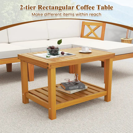 5 Pieces Acacia Wood Patio Furniture Set with 2-Tier Coffee Table and Cushions-White - White - Patio Conversation Sets
