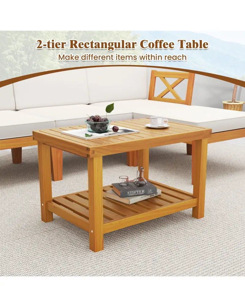 5 Pieces Acacia Wood Patio Furniture Set with 2-Tier Coffee Table and Cushions-White - White - Patio Conversation Sets