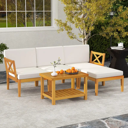 5 Pieces Acacia Wood Patio Furniture Set with 2-Tier Coffee Table and Cushions-White - White - Patio Conversation Sets