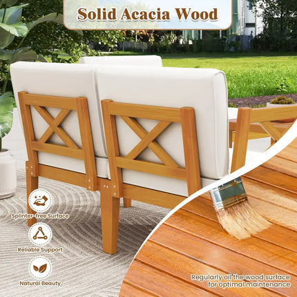 5 Pieces Acacia Wood Patio Furniture Set with 2-Tier Coffee Table and Cushions-White - White - Patio Conversation Sets