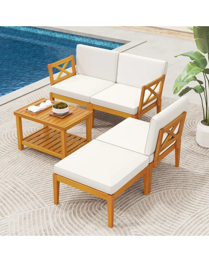 5 Pieces Acacia Wood Patio Furniture Set with 2-Tier Coffee Table and Cushions-White - White - Patio Conversation Sets