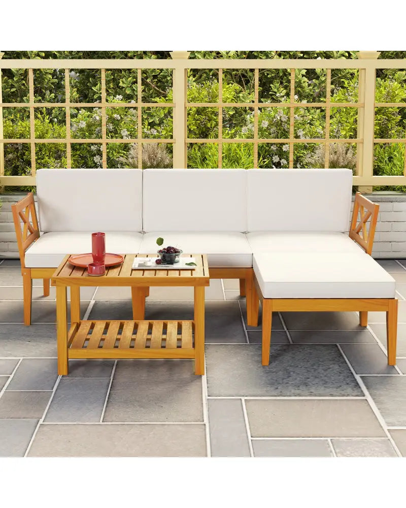 5 Pieces Acacia Wood Patio Furniture Set with 2-Tier Coffee Table and Cushions-White - White - Patio Conversation Sets