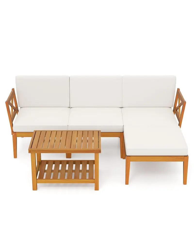5 Pieces Acacia Wood Patio Furniture Set with 2-Tier Coffee Table and Cushions-White - White - Patio Conversation Sets