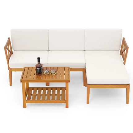 5 Pieces Acacia Wood Patio Furniture Set with 2-Tier Coffee Table and Cushions-White - White - Patio Conversation Sets