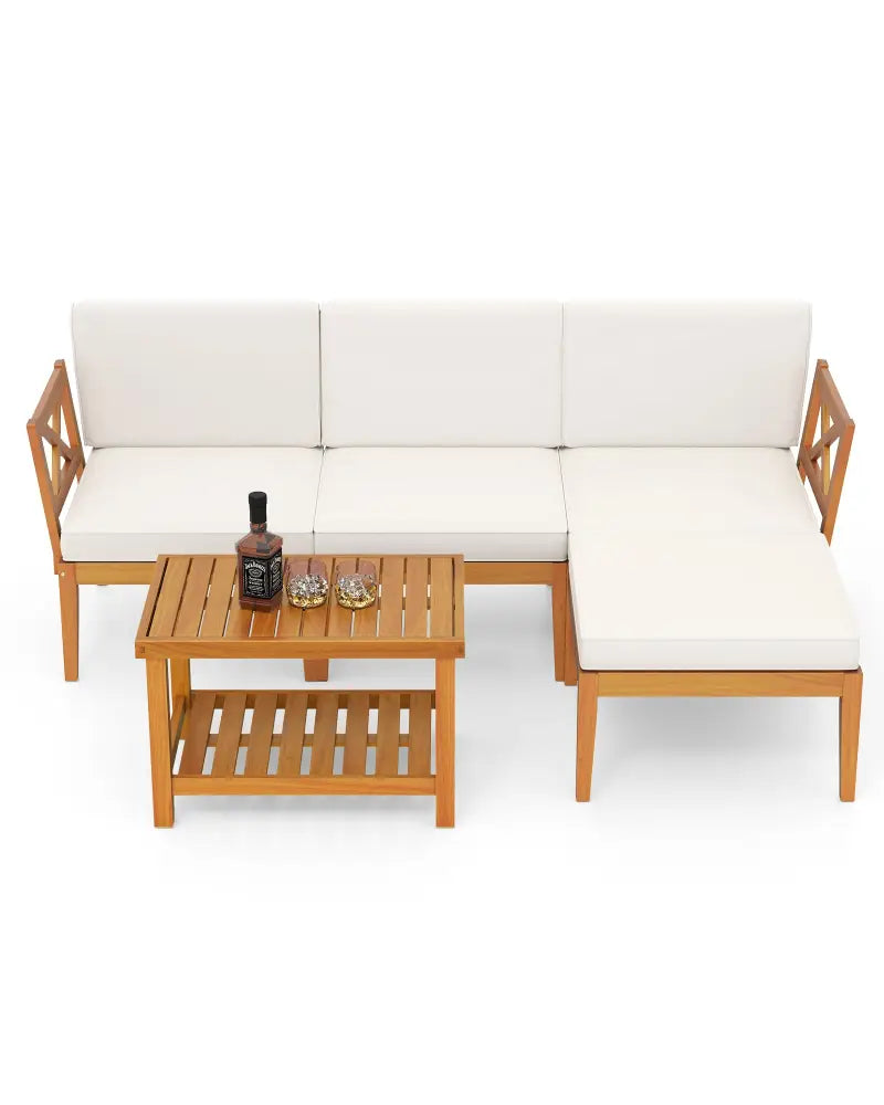 5 Pieces Acacia Wood Patio Furniture Set with 2-Tier Coffee Table and Cushions-White - White - Patio Conversation Sets