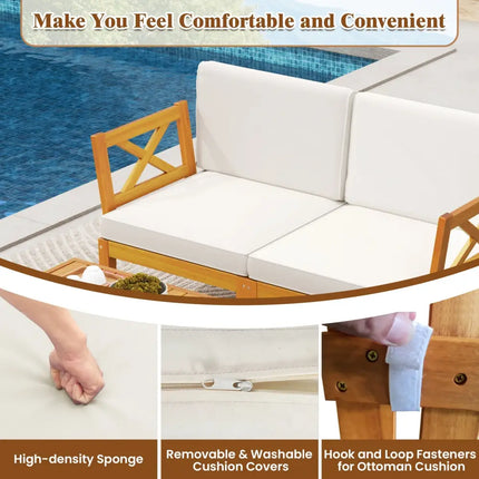 5 Pieces Acacia Wood Patio Furniture Set with 2-Tier Coffee Table and Cushions-White - White - Patio Conversation Sets