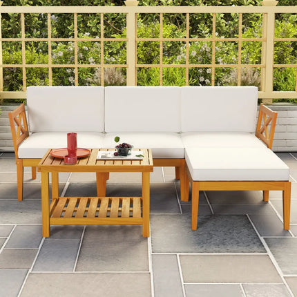 5 Pieces Acacia Wood Patio Furniture Set with 2-Tier Coffee Table and Cushions-White - White - Patio Conversation Sets