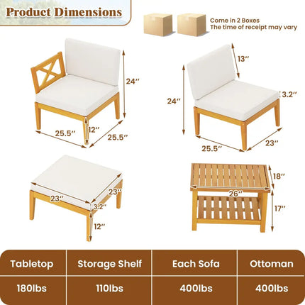 5 Pieces Acacia Wood Patio Furniture Set with 2-Tier Coffee Table and Cushions-White - White - Patio Conversation Sets