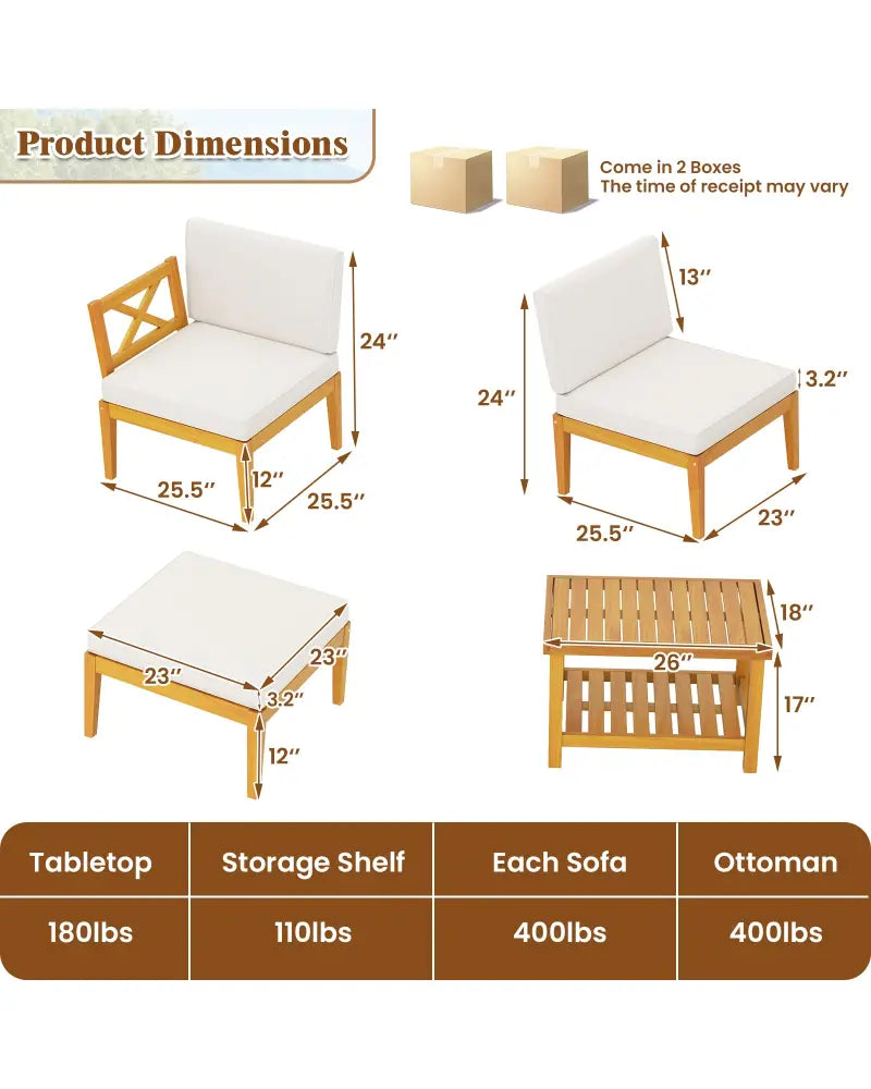 5 Pieces Acacia Wood Patio Furniture Set with 2-Tier Coffee Table and Cushions-White - White - Patio Conversation Sets