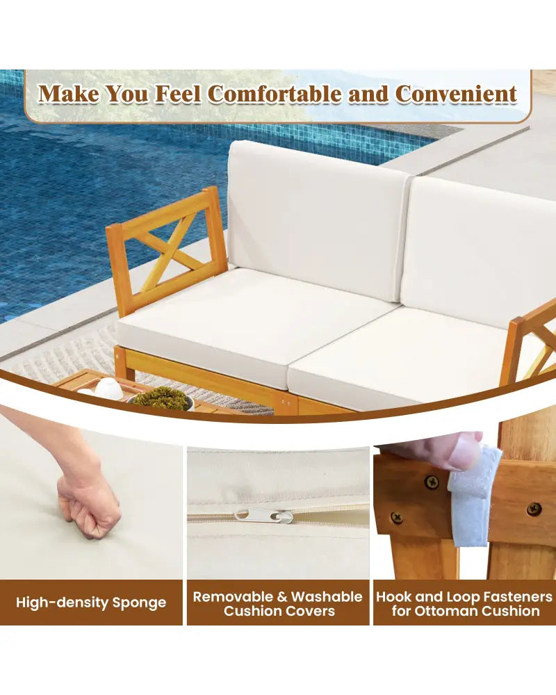 5 Pieces Acacia Wood Patio Furniture Set with 2-Tier Coffee Table and Cushions-White - White - Patio Conversation Sets
