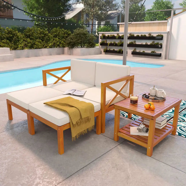 5 Pieces Acacia Wood Patio Lounge Chair Set with Ottomans and Cushions-White - White - Patio Conversation Sets