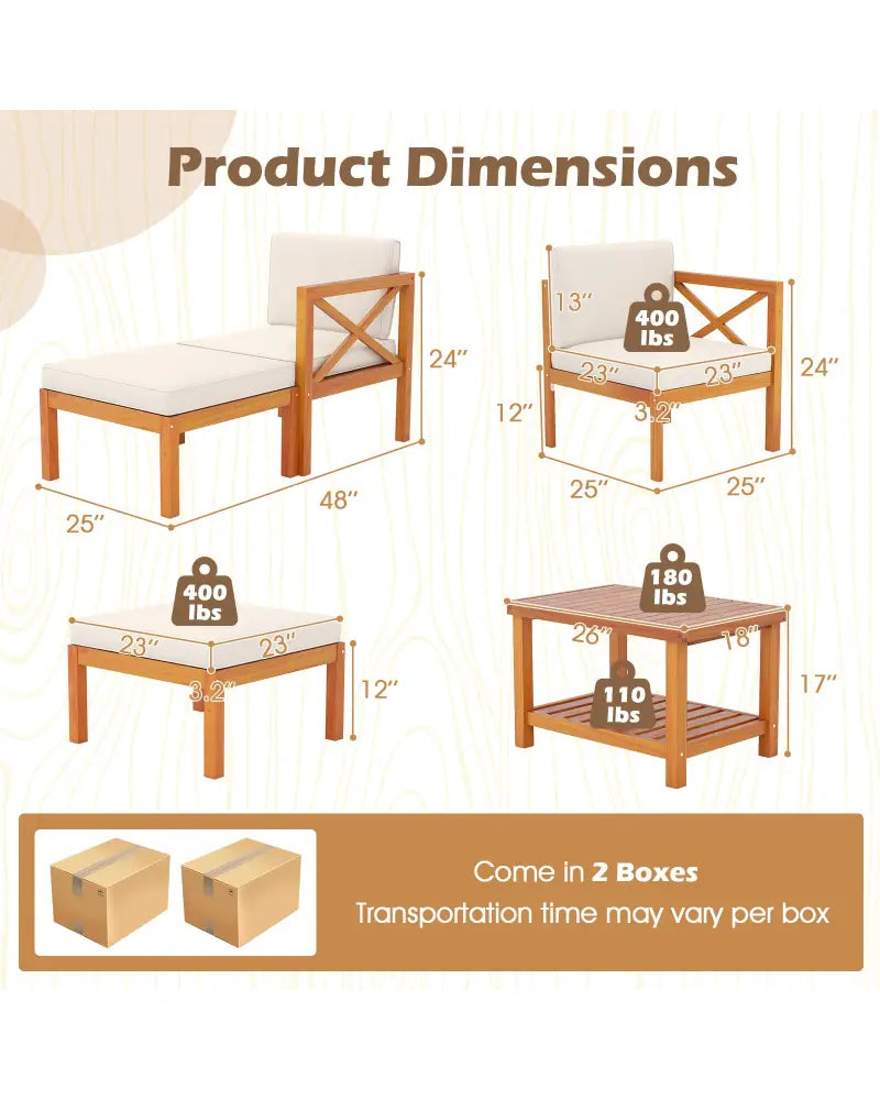 5 Pieces Acacia Wood Patio Lounge Chair Set with Ottomans and Cushions-White - White - Patio Conversation Sets