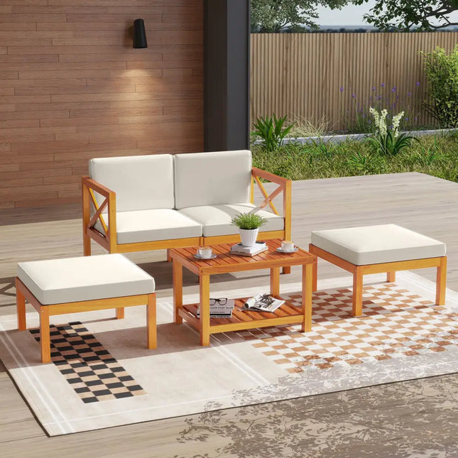 5 Pieces Acacia Wood Patio Lounge Chair Set with Ottomans and Cushions-White - White - Patio Conversation Sets