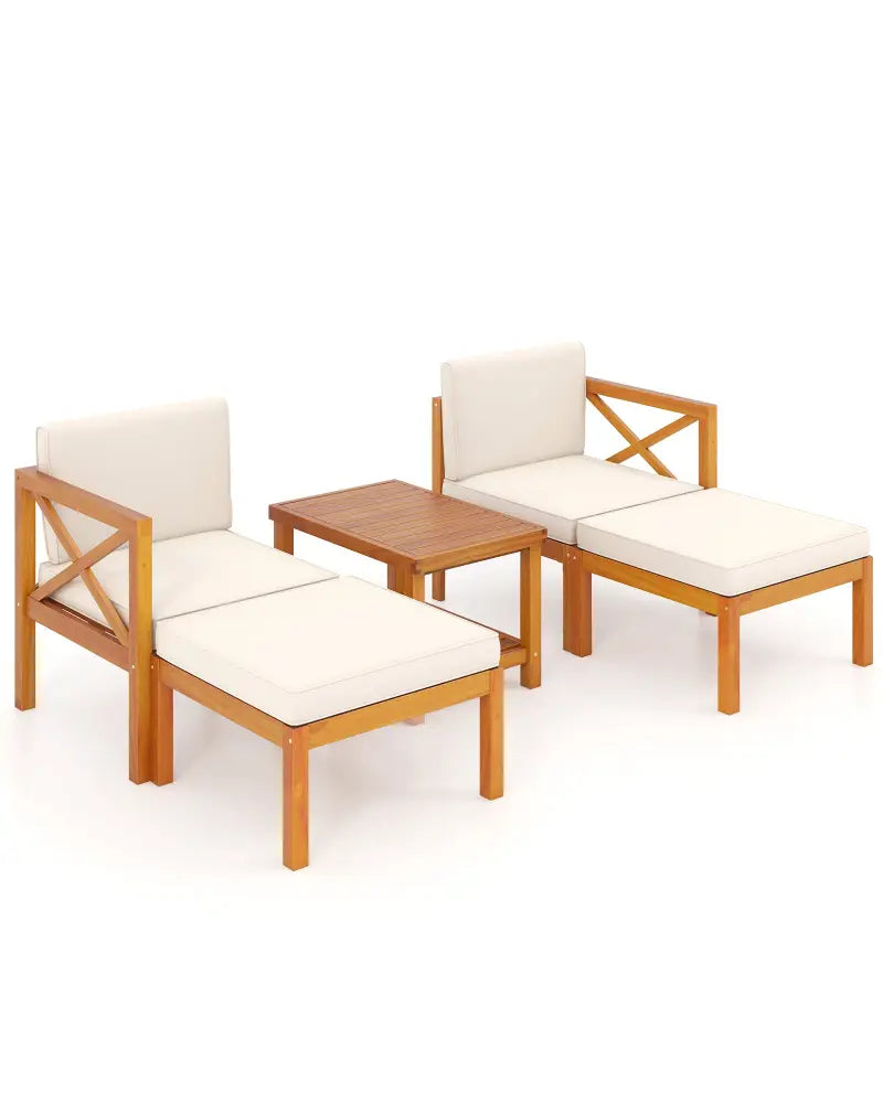 5 Pieces Acacia Wood Patio Lounge Chair Set with Ottomans and Cushions-White - White - Patio Conversation Sets