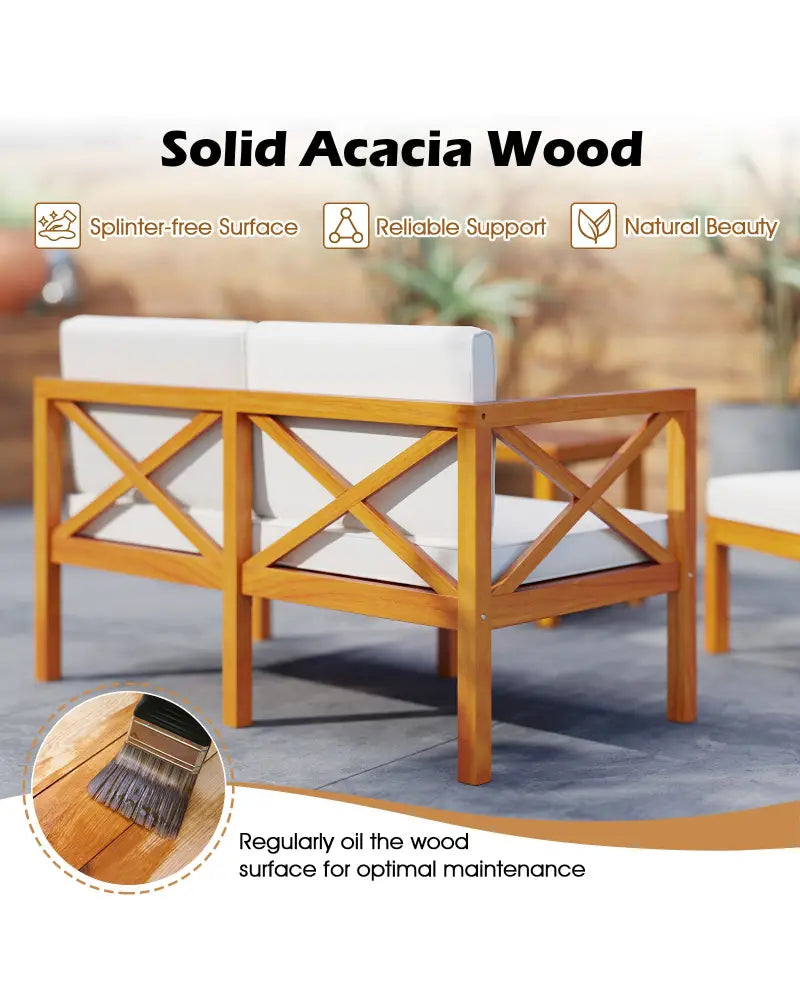 5 Pieces Acacia Wood Patio Lounge Chair Set with Ottomans and Cushions-White - White - Patio Conversation Sets