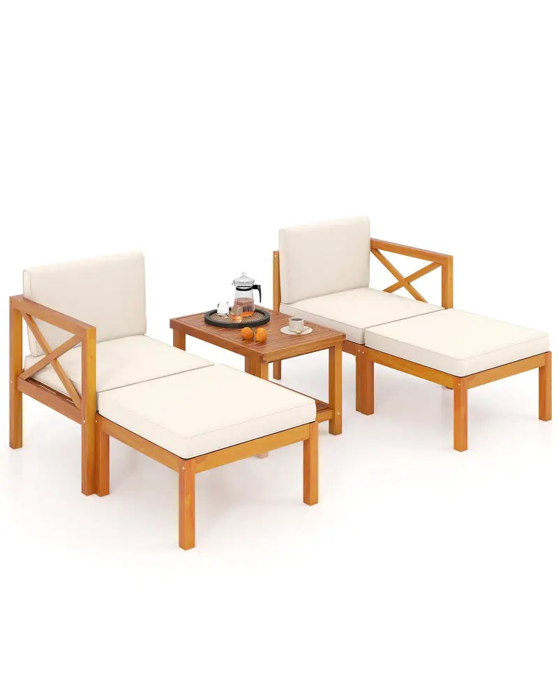 5 Pieces Acacia Wood Patio Lounge Chair Set with Ottomans and Cushions-White - White - Patio Conversation Sets