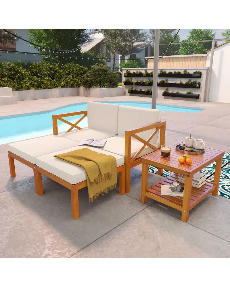 5 Pieces Acacia Wood Patio Lounge Chair Set with Ottomans and Cushions-White - White - Patio Conversation Sets