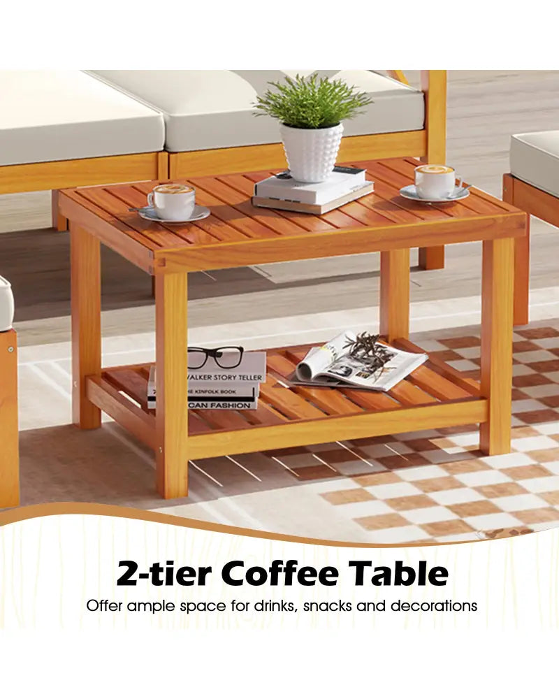 5 Pieces Acacia Wood Patio Lounge Chair Set with Ottomans and Cushions-White - White - Patio Conversation Sets