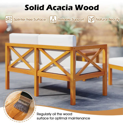 5 Pieces Acacia Wood Patio Lounge Chair Set with Ottomans and Cushions-White - White - Patio Conversation Sets