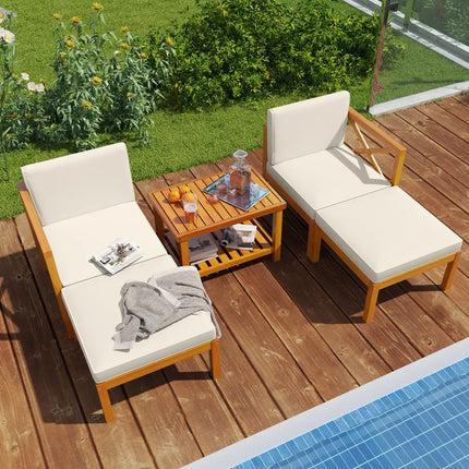 5 Pieces Acacia Wood Patio Lounge Chair Set with Ottomans and Cushions-White - White - Patio Conversation Sets